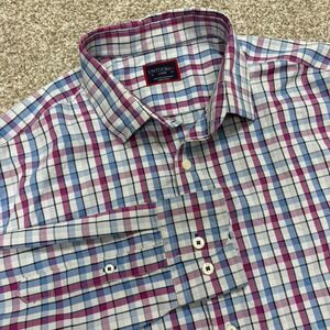 UNTUCKit Pin Oak Mens Large Purple Blue Plaid Performance Stretch Shirt Nylon